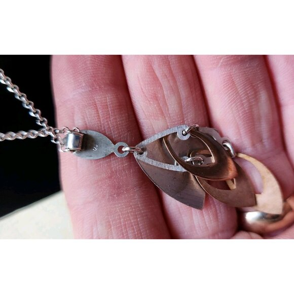 FREDERIC DUCLOS 925 Sterling Silver Copper Modernist Drop Pendant Necklace - Picture 6 of 9